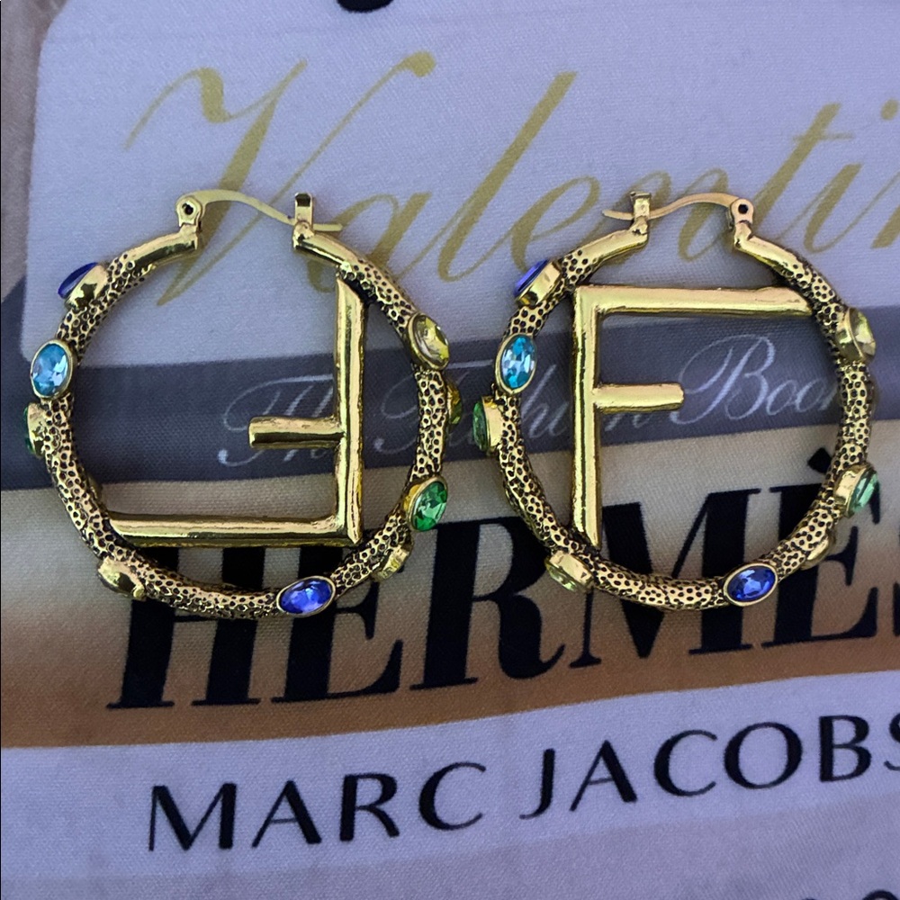 Gold-Plated Brass Multicolor Stone Fendi Style F Hoop Earrings